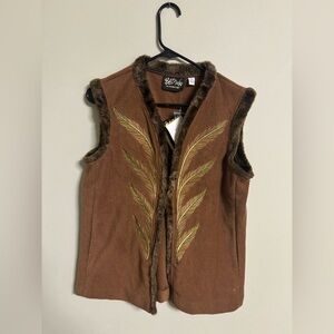 Bob Mackie Wearable Art Fleece Vest Brown Feather Embroidery Faux Fur Small New